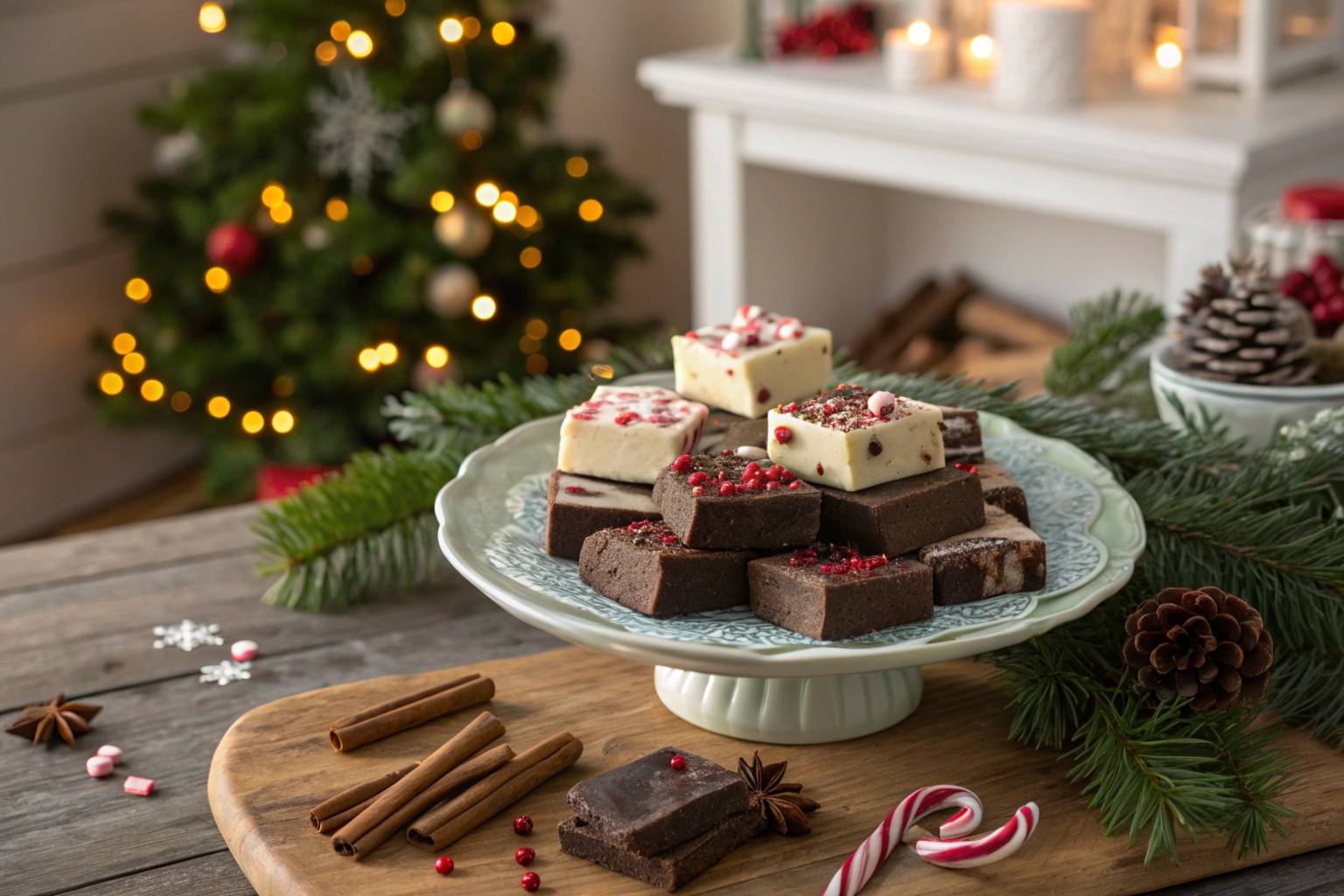 A platter of homemade Christmas fudge recipes with festive decorations