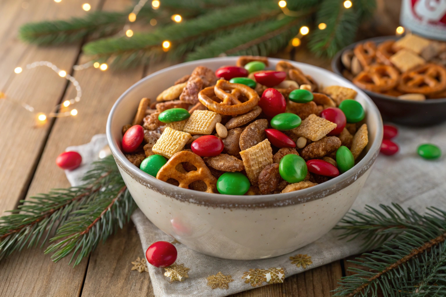 A festive bowl of Christmas Chex Mix with colorful candies and crunchy cereal