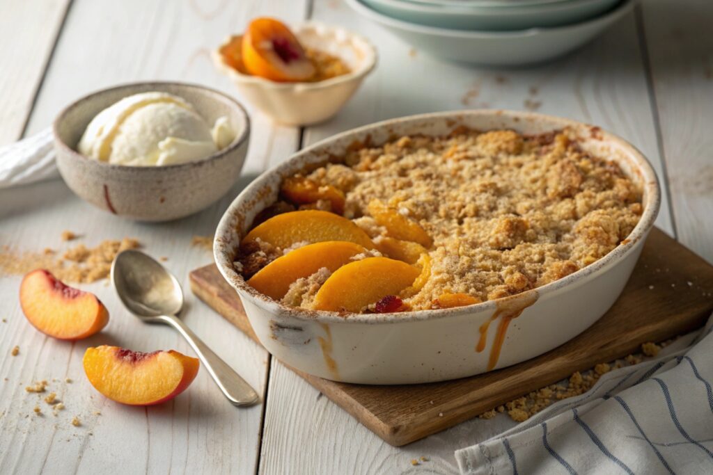 Close-up of a golden brown peach crumble with a scoop of vanilla ice cream.