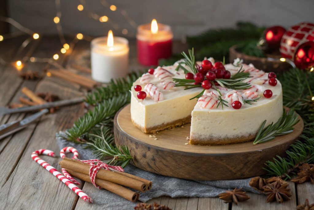 A festive Christmas cheesecake topped with candy canes and whipped cream.