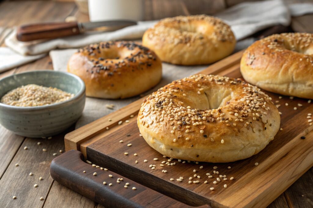 Homemade sourdough bagels with golden crust and sesame seed toppings