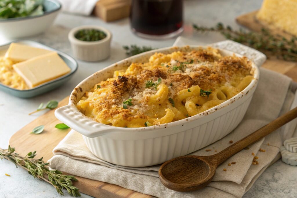 Tini Mac and Cheese in a baking dish with golden breadcrumbs