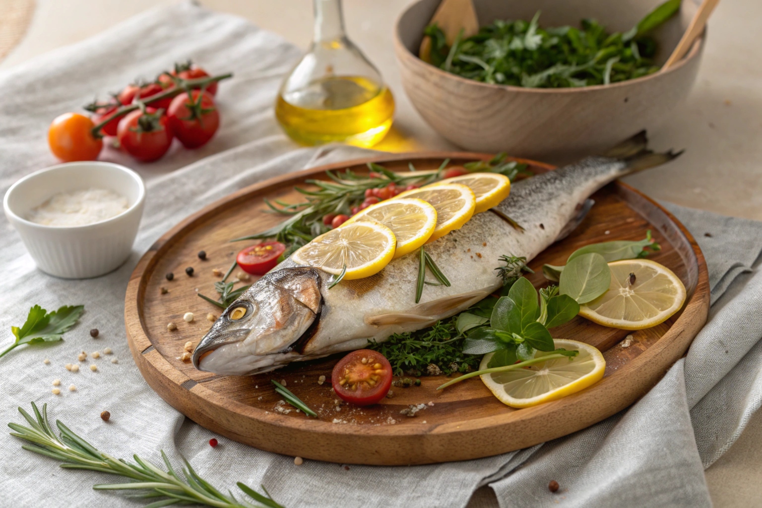 Whole baked branzino with lemon and rosemary.