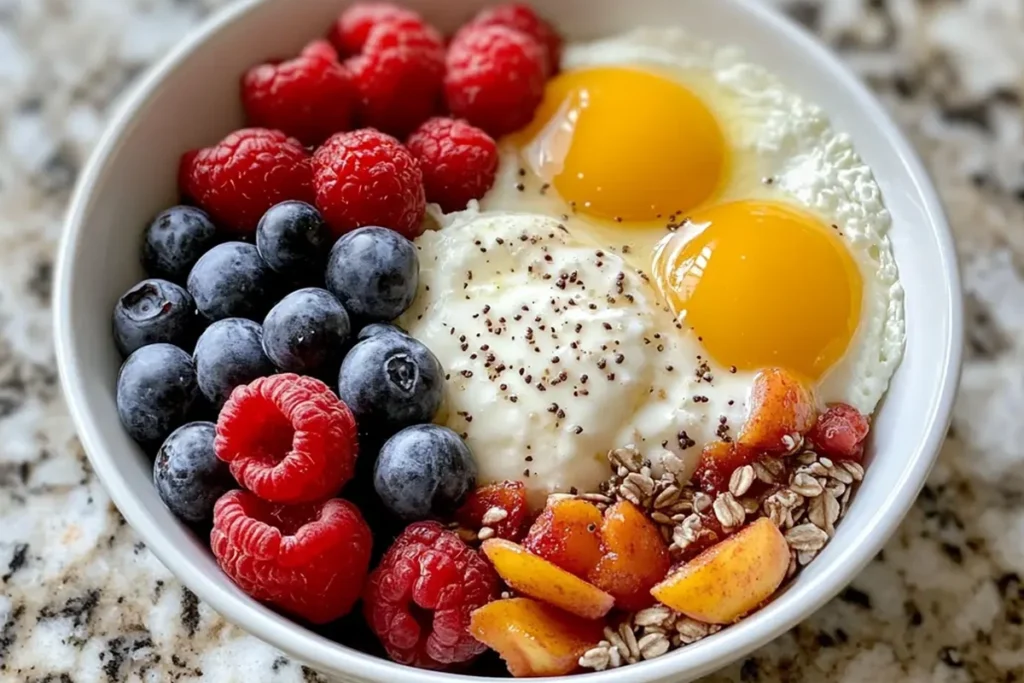 A colorful 30-gram protein breakfast bowl with quinoa, eggs, and fresh vegetables.