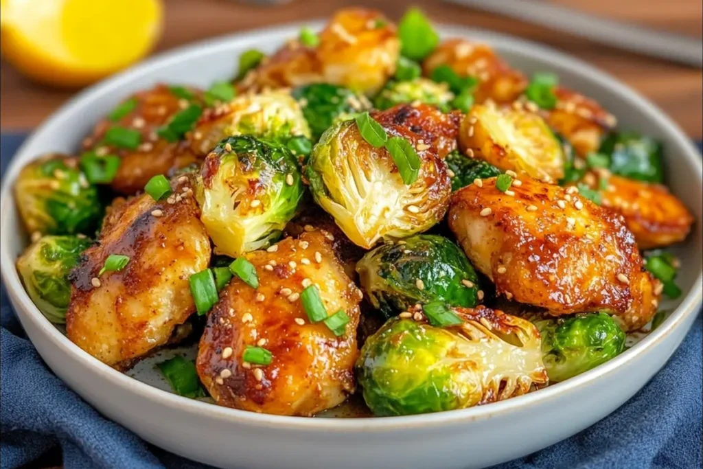 Crispy Parmesan Brussels sprouts cooked in an air fryer, garnished with parsley and lemon zest on a white plate.