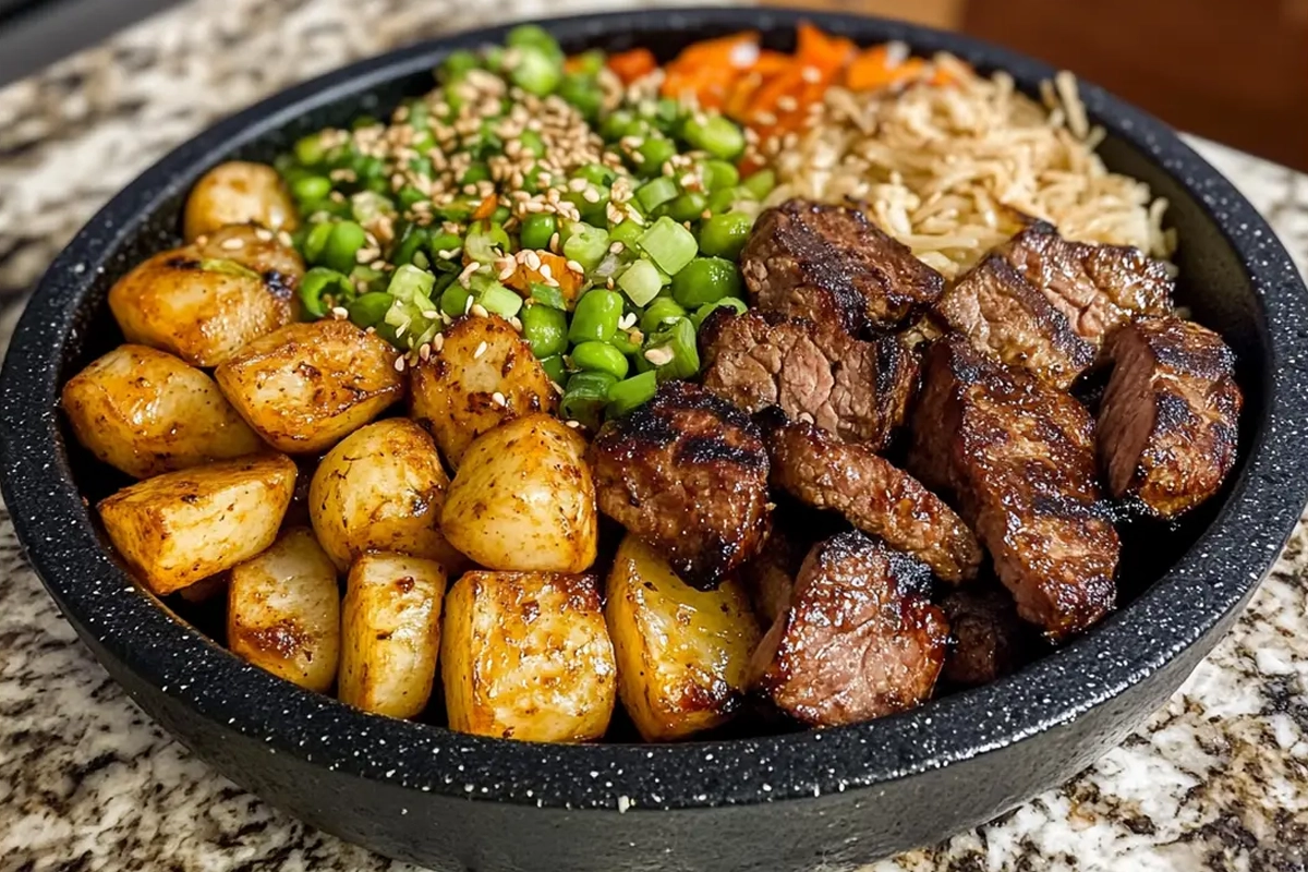 A sizzling hibachi dish prepared on a Blackstone grill.