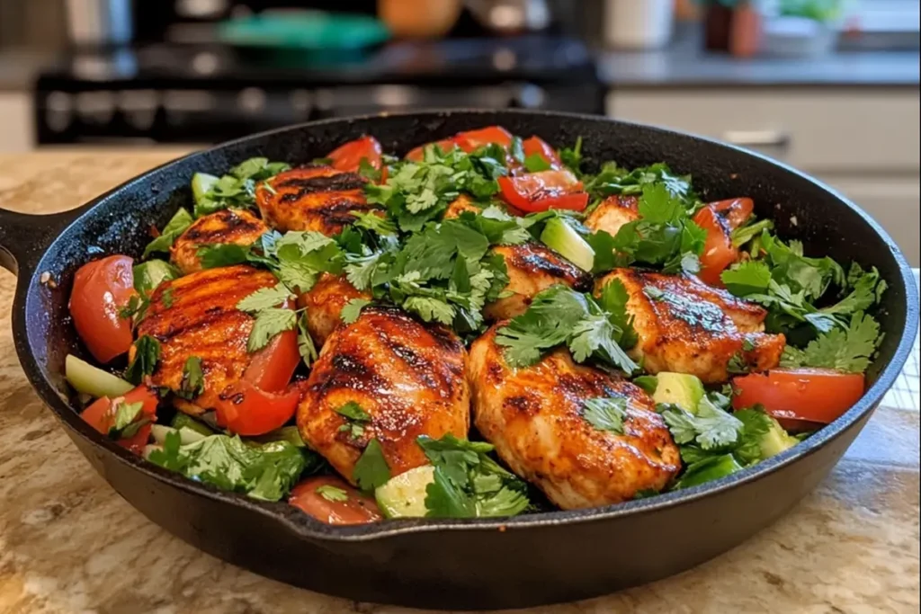 Pollo asado on a platter with lime wedges and cilantro.