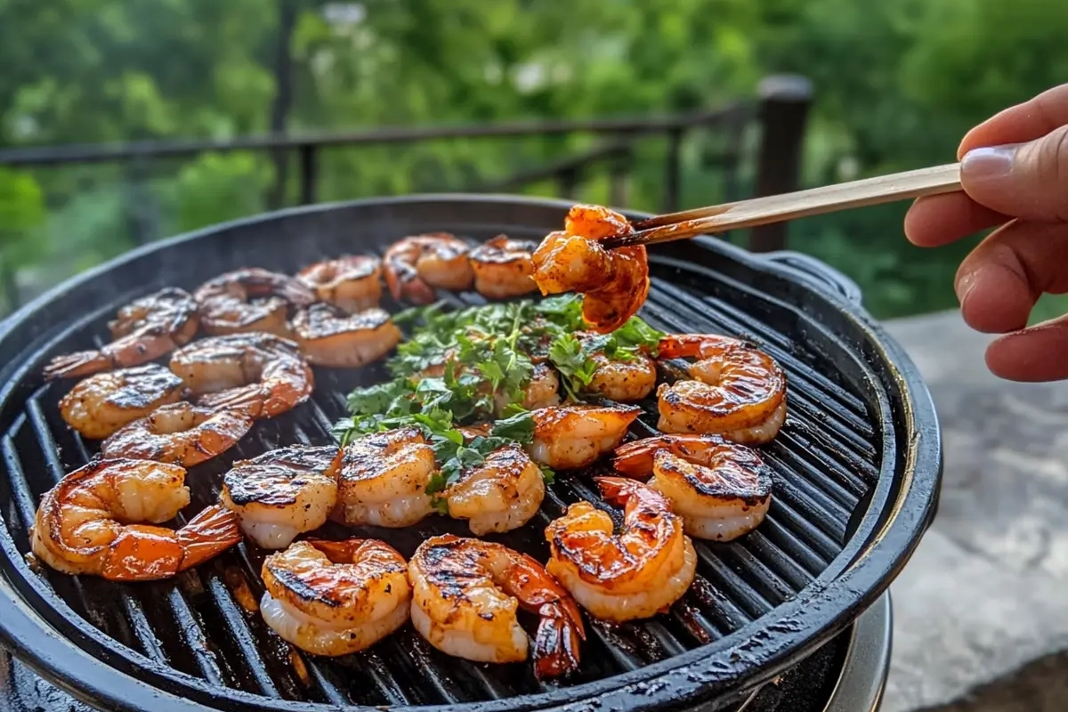 Grilled shrimp skewers garnished with fresh parsley