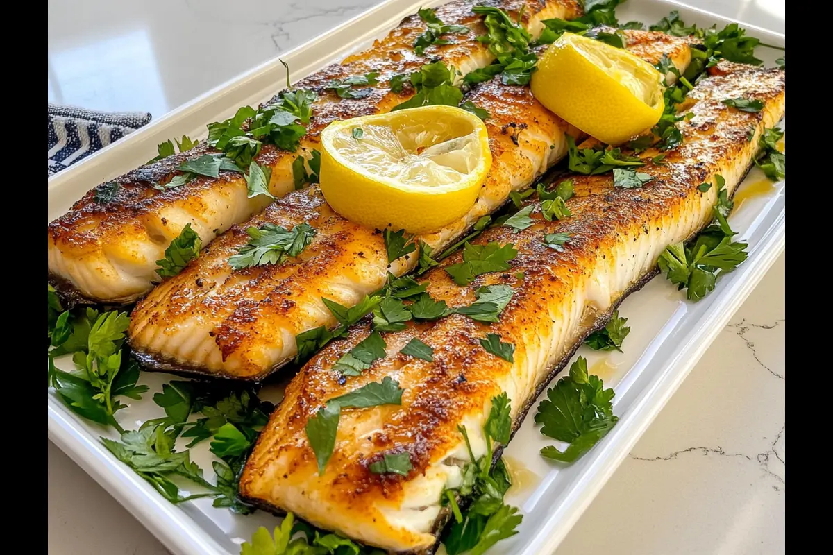 Rockfish fillet prepared with lemon and herbs.