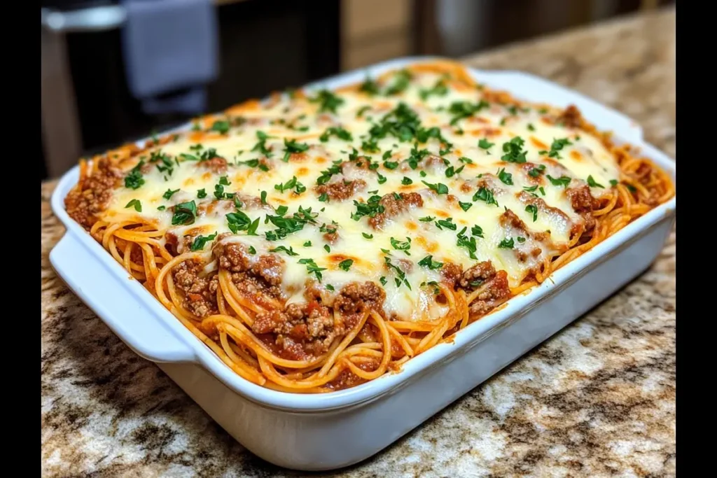 Baked spaghetti served in a rustic dish with fresh basil garnish.