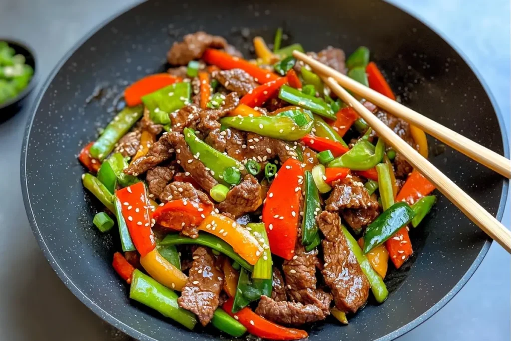 Top view of a beef stir fry served in a wok