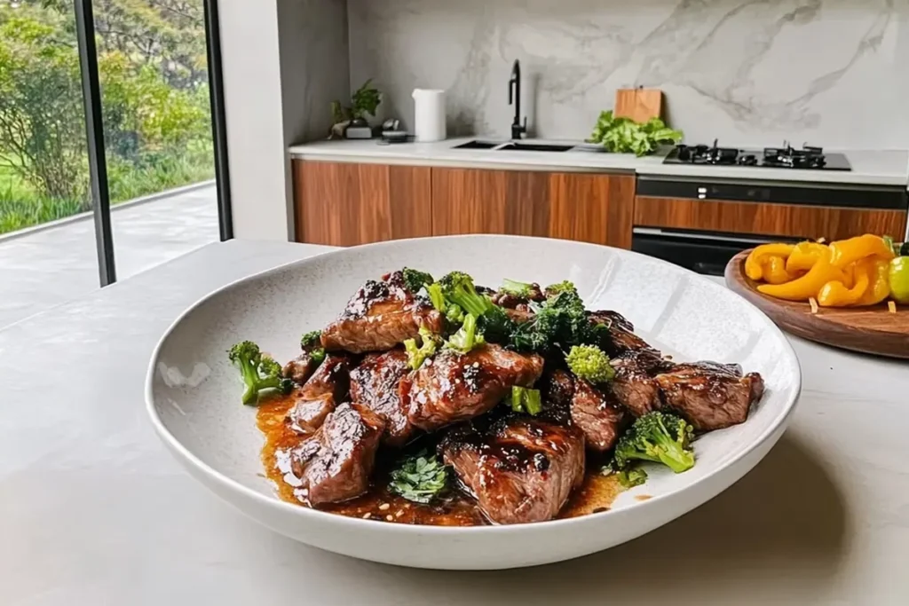 Close-up of boneless beef short ribs served with mashed potatoes.