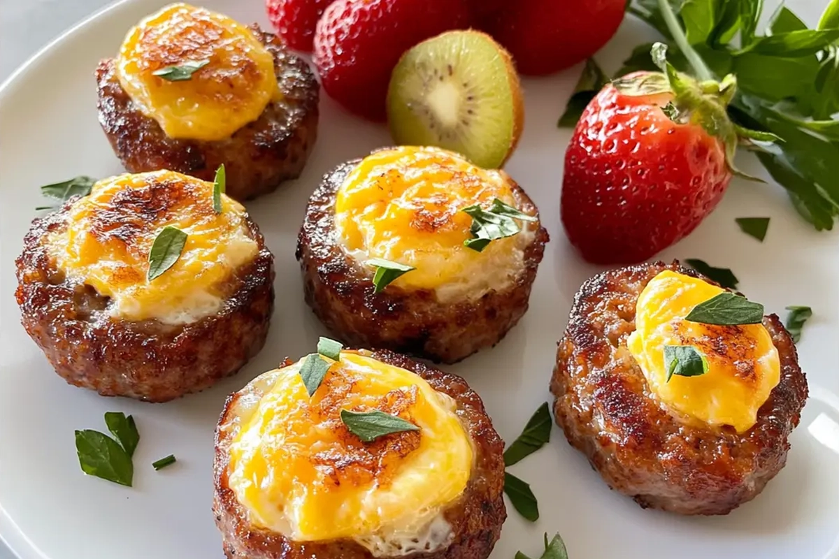 Freshly prepared homemade egg sausage and cheese breakfast bites on a serving plate.
