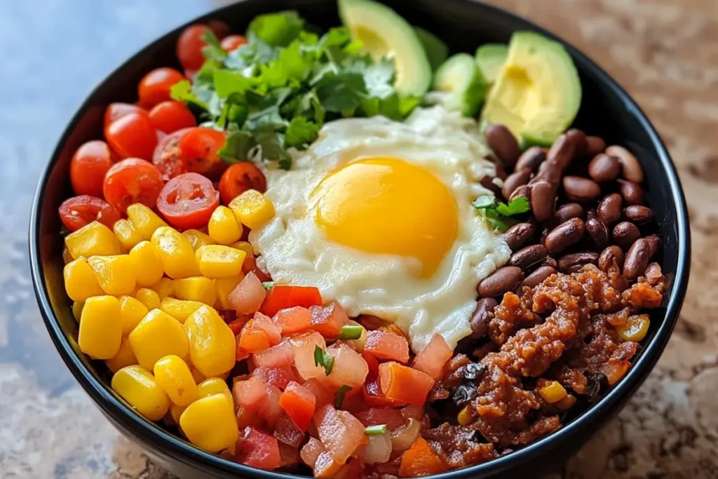 A future-inspired breakfast burrito bowl with eco-friendly ingredients.