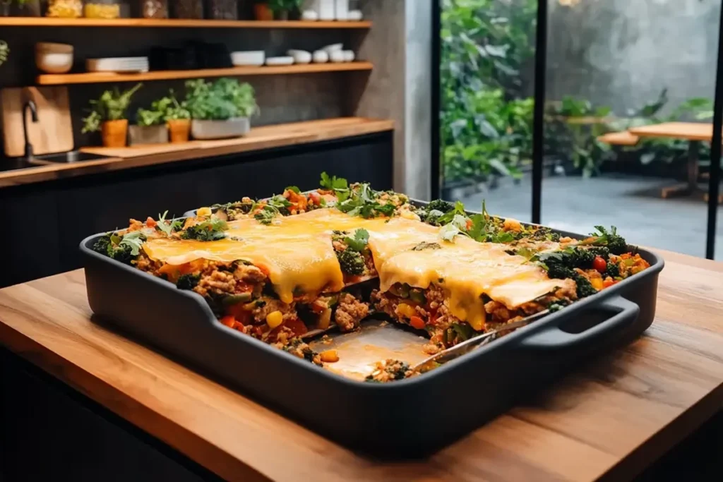 A slice of taco lasagna served on a plate with garnishes.