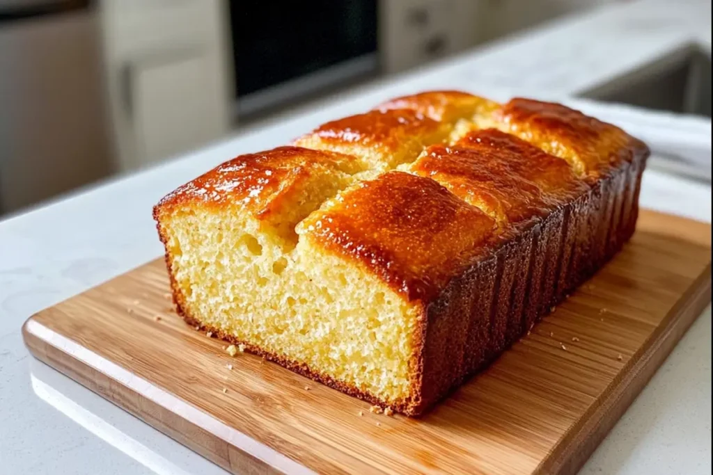 A sliced loaf of Dessert Lentil Bread on a wooden serving board with garnishes.