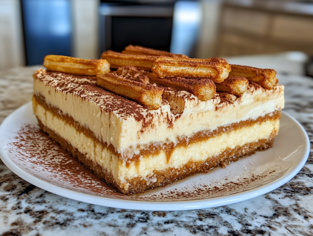 Churro cheesecake with a cinnamon sugar topping.