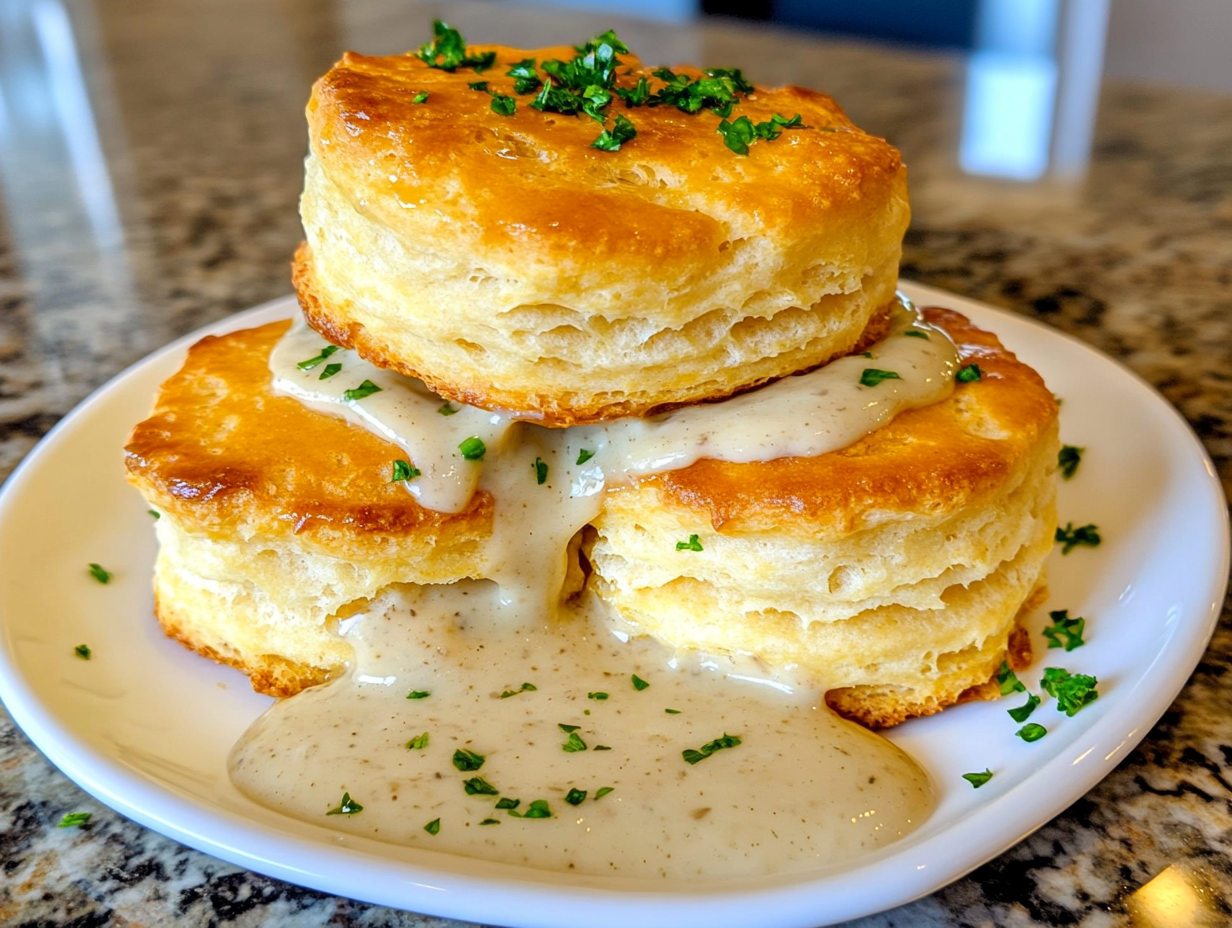 Southern biscuits and creamy sausage gravy served on a white plate with parsley garnish.