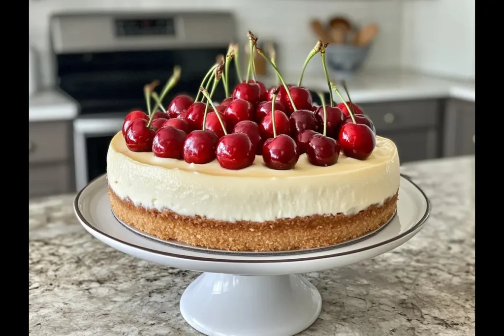 Cherry cheesecake with graham cracker crust and fresh cherry topping.