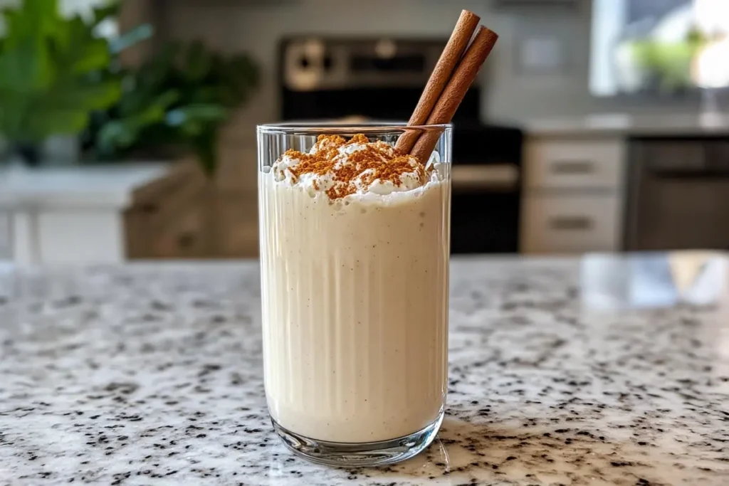 A glass of creamy coquito garnished with cinnamon and nutmeg, served on a holiday table.