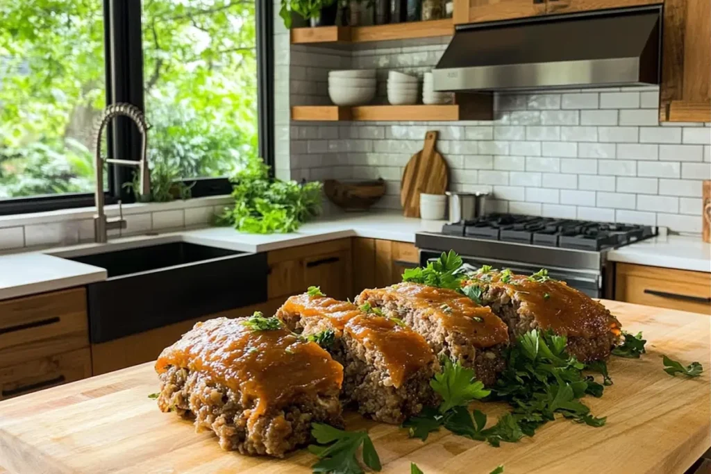 Meatloaf with Lipton onion soup mix served on a platter.