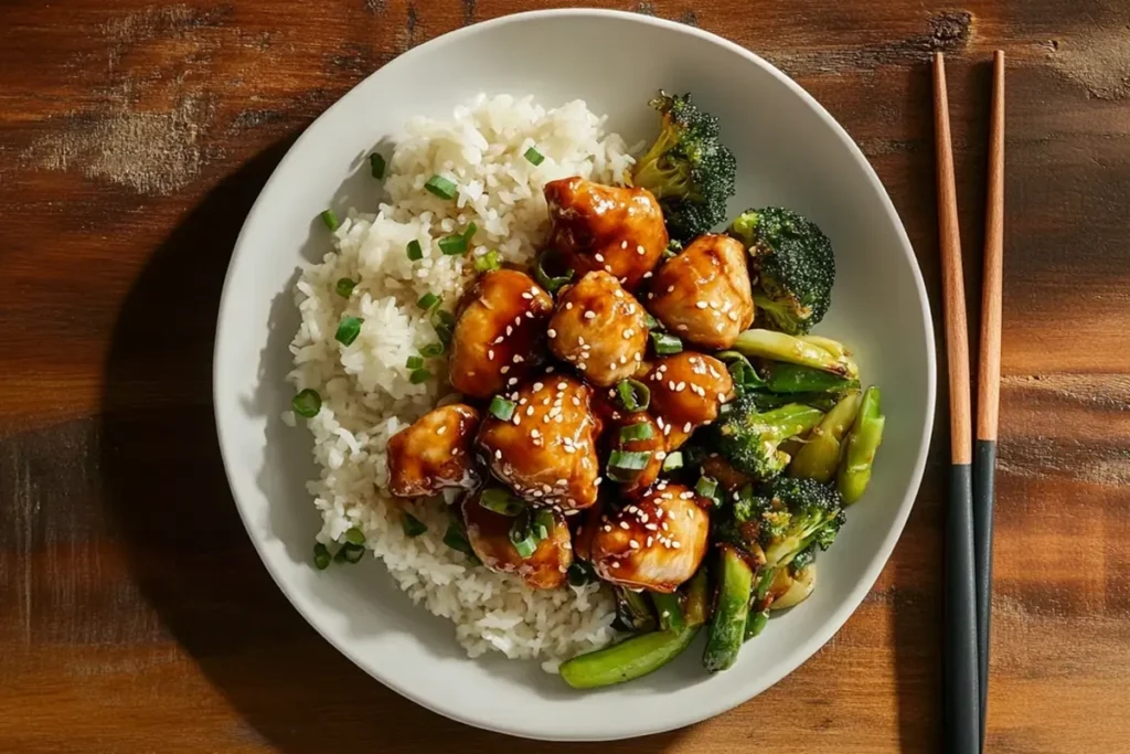 A perfectly glazed teriyaki chicken served with steamed rice and vegetables.