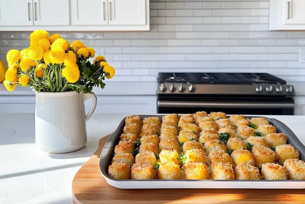 Tim Walz hot dish recipe served in a rustic pan with crispy tater tots on top