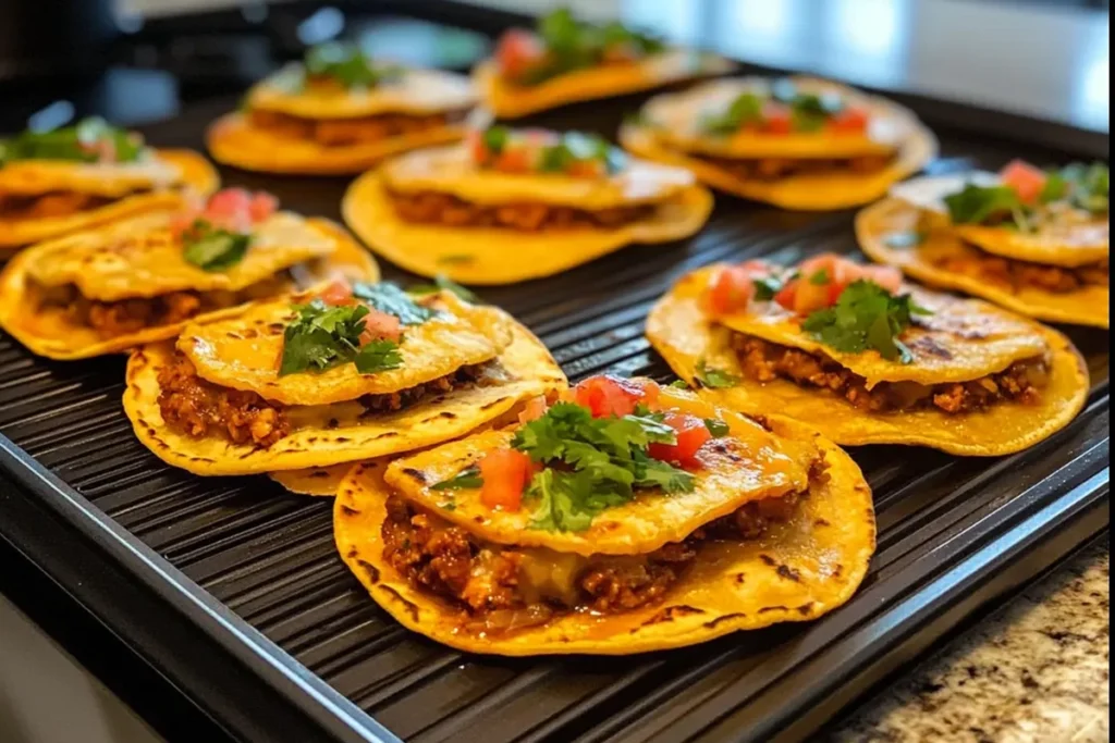 Top-down view of birria tacos with consommé and vibrant sides.