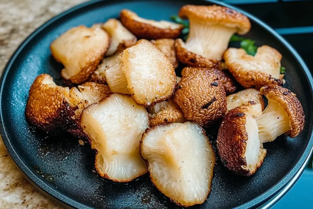 Lion's Mane mushrooms being sautéed in a skillet