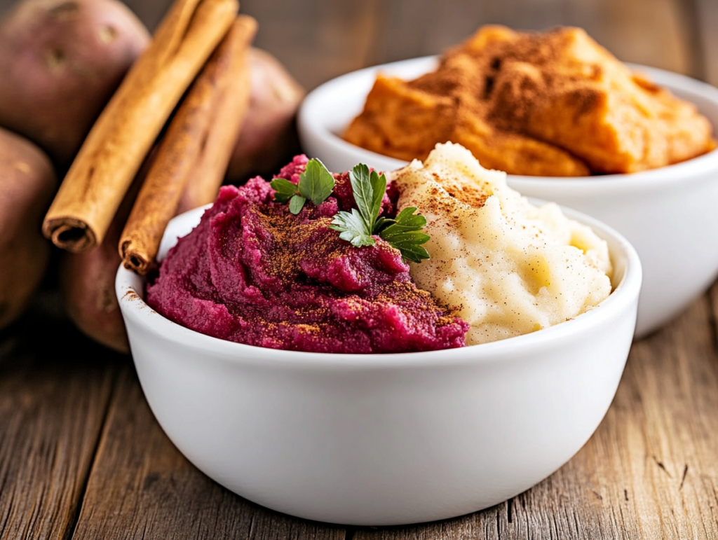 Purple sweet potato mash served with herbs and butter.