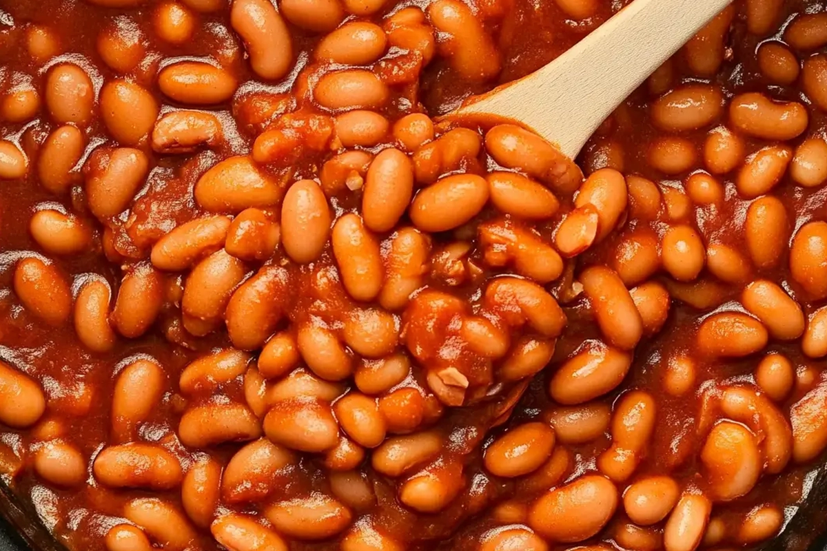 A vibrant plate of slow cooker baked beans with creative garnishes.