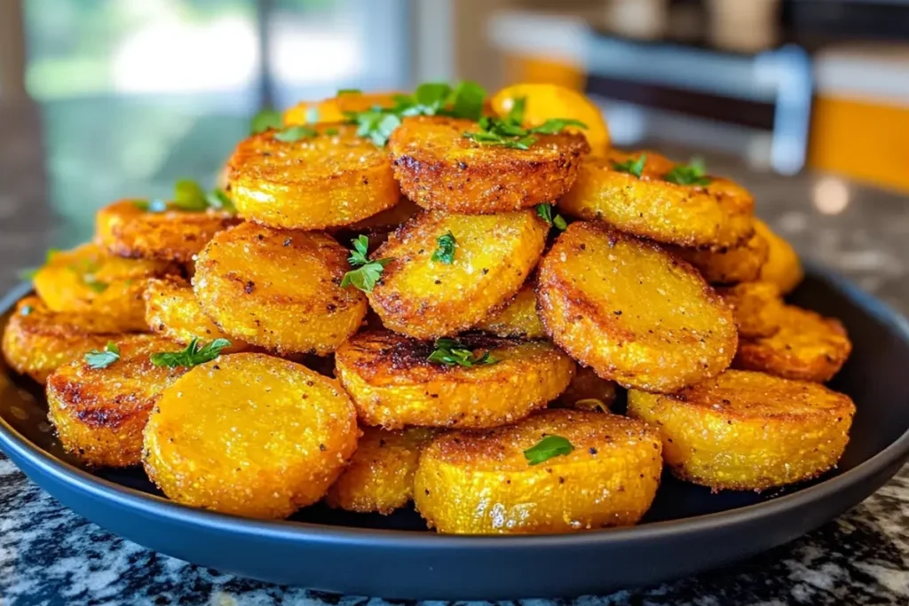 Fried squash slices on a plate with dipping sauce.