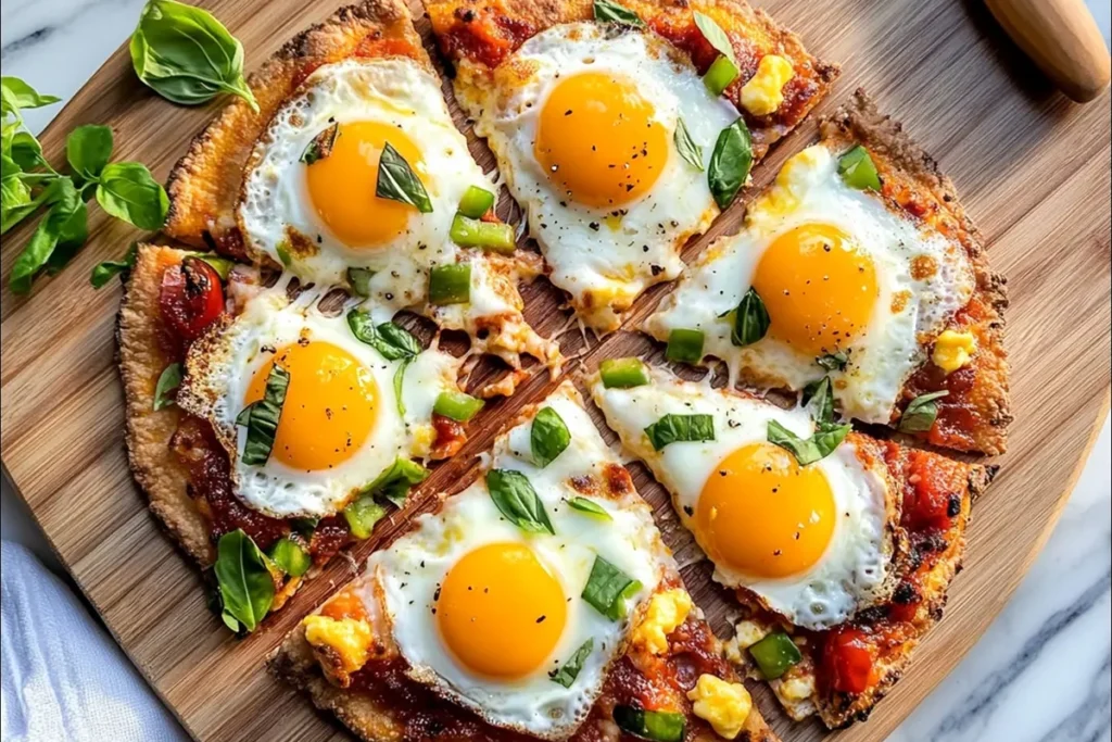 Freshly baked breakfast pizza topped with eggs, cheese, and vegetables.