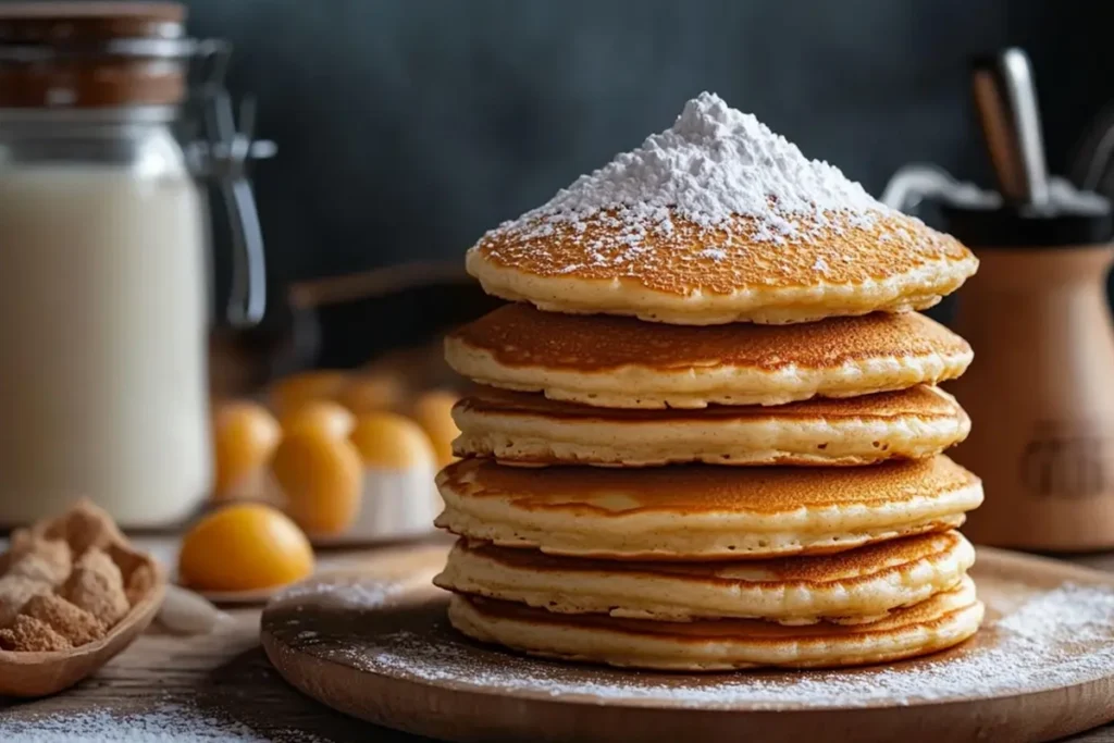 Fluffy hotcakes made with hotcake mix on a white plate with syrup and berries.