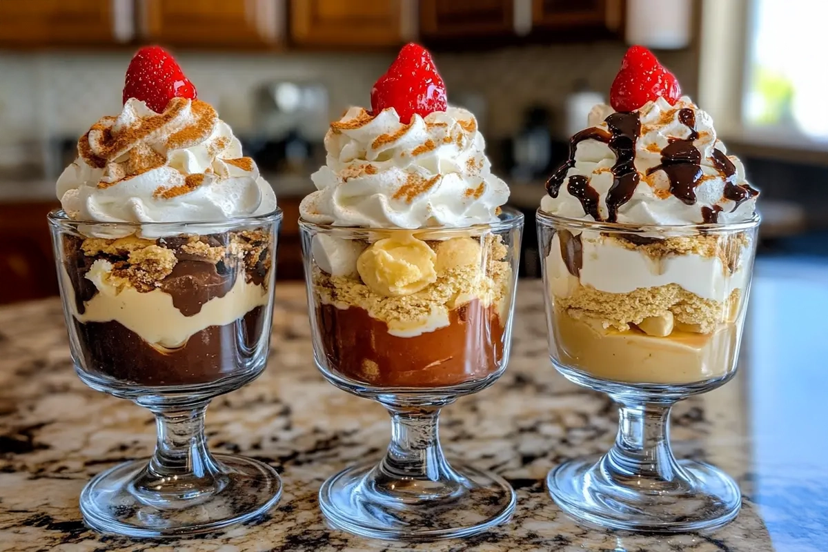 Layered parfait dessert in a clear glass with fresh fruits and granola.