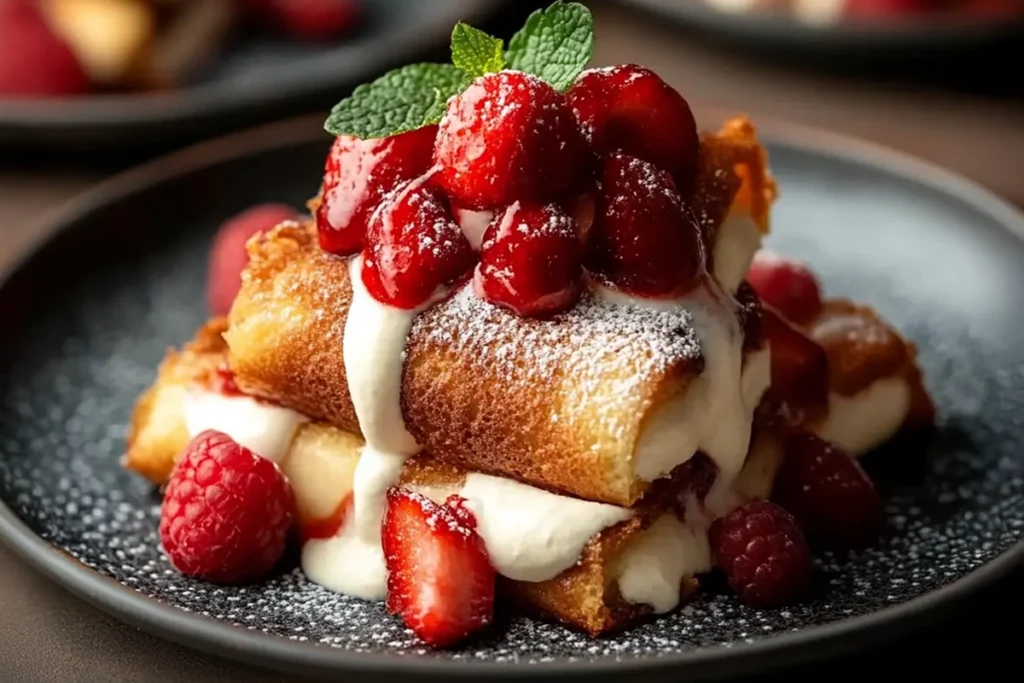 Xango dessert on a plate with caramel drizzle and fresh berries