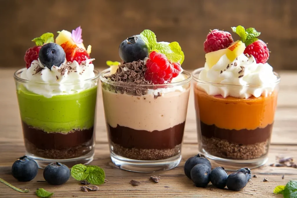 Vibrant dessert cups featuring multiple colorful layers of mousse, fruit, and garnishes.