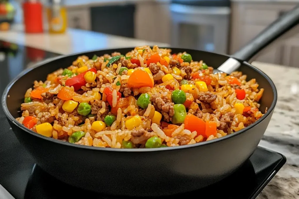 A delicious plate of dirty rice garnished with fresh parsley, served in a rustic wooden bowl.