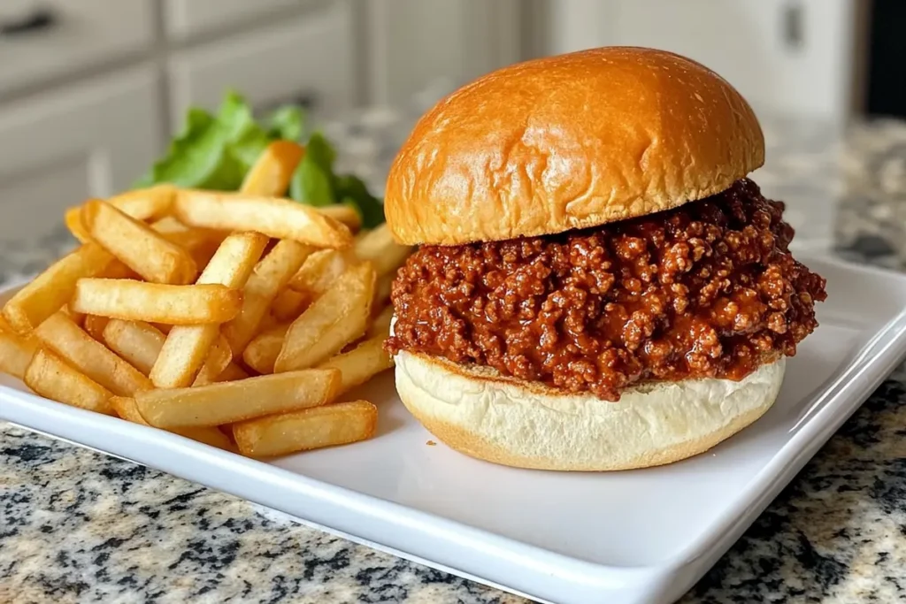 Top-down view of an easy sloppy joe recipe with three ingredients on a toasted bun.