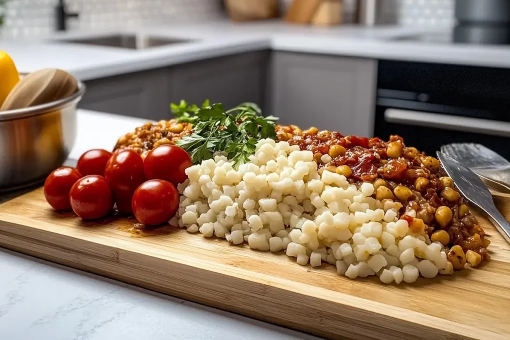 Layered glass bowls of Koshari with vibrant garnishes, including fresh parsley and lemon wedges