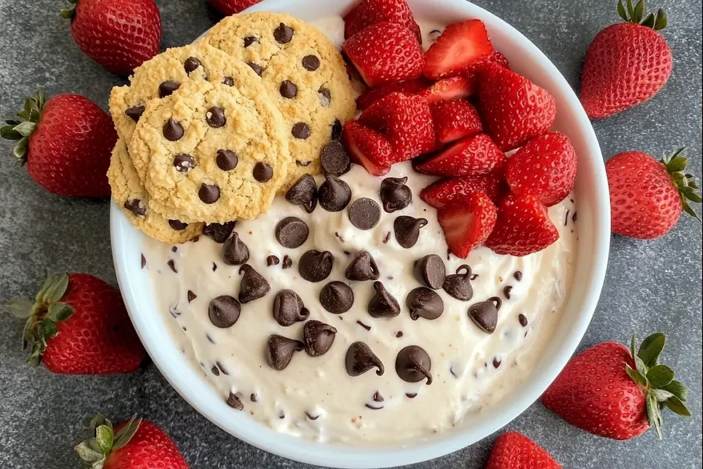 A dessert dip platter with fruits and decorative toppings