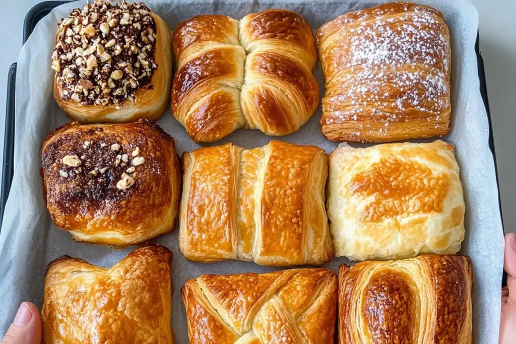 Freshly baked sweet puff pastry desserts with golden layers and vibrant garnishes