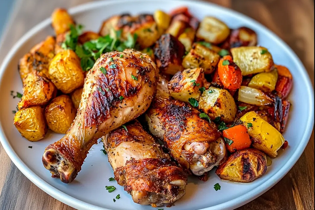 Perfectly cooked chicken legs garnished with fresh herbs and served with roasted vegetables.