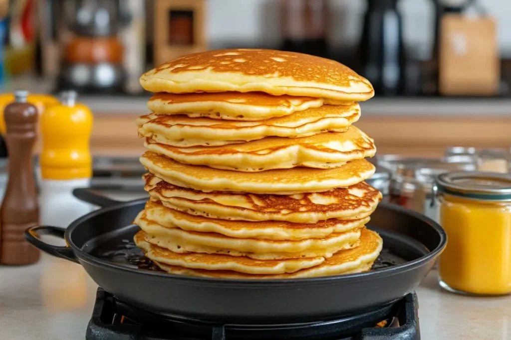 Golden fluffy pancakes with syrup and fresh berries.