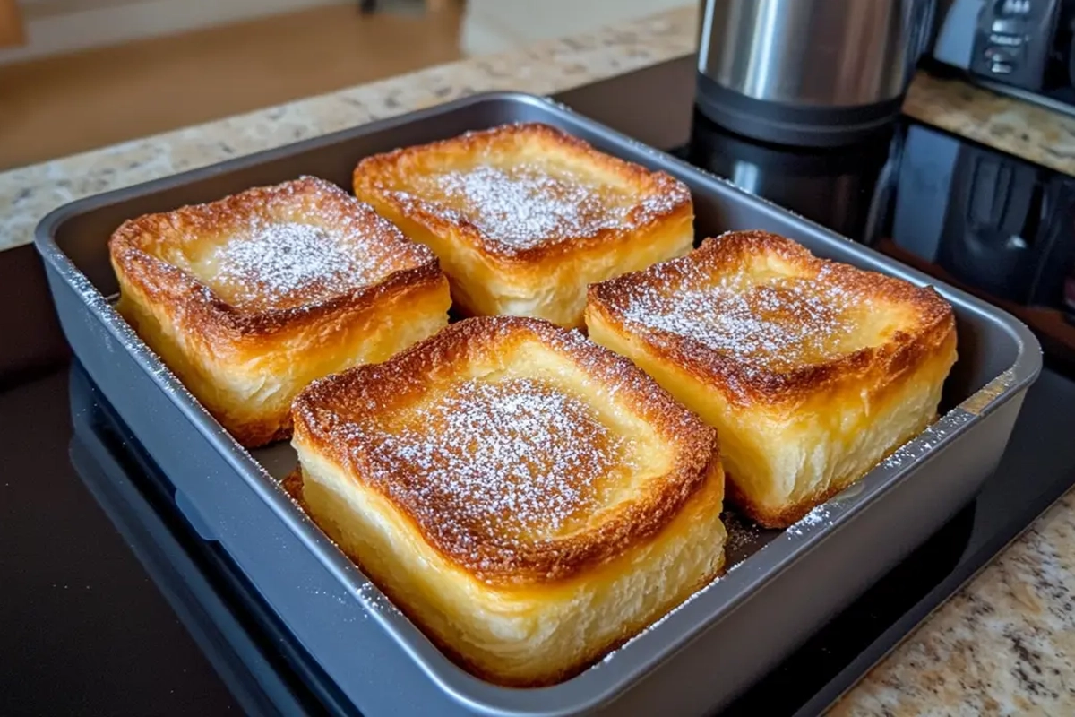 A perfectly plated French breakfast pastry (pain perdu) topped with fresh fruit and syrup.
