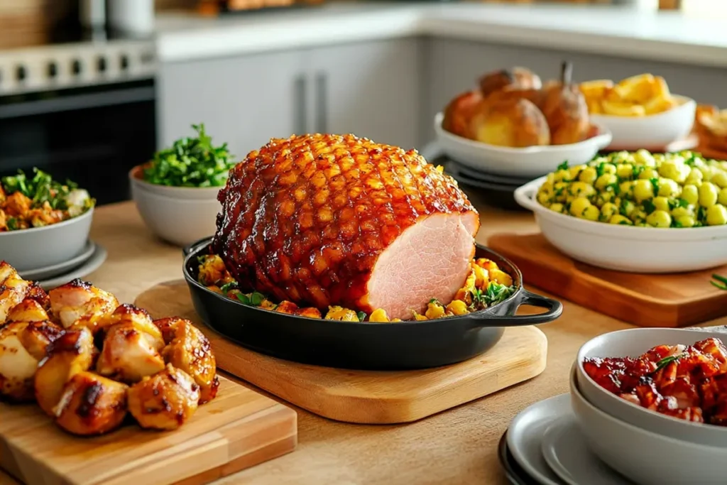 Close-up of a glazed ham with a caramelized crust, garnished with herbs and citrus slices.