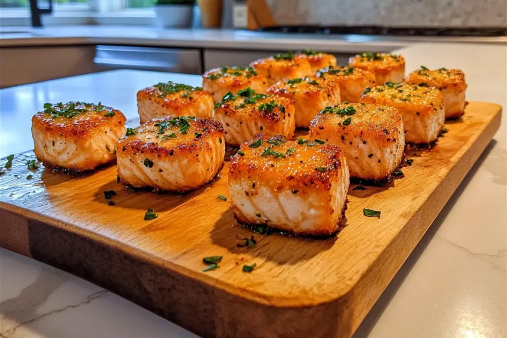 Bite-sized crispy salmon bites garnished with fresh herbs and a side of dipping sauce.