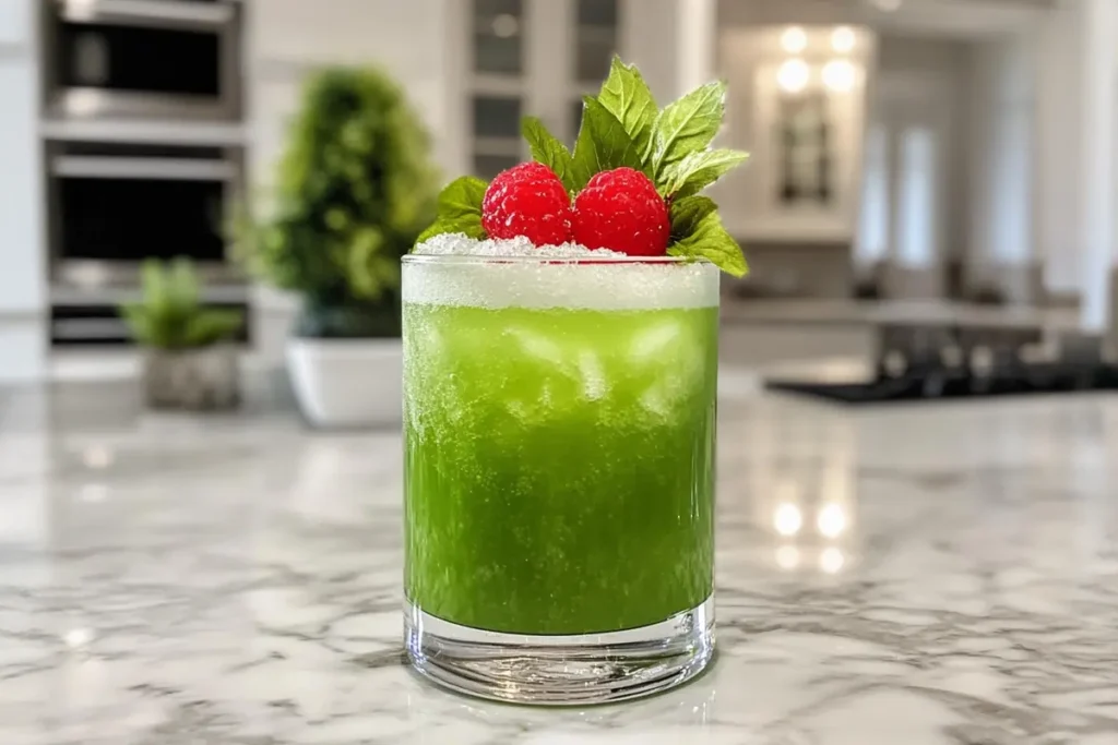 A vibrant green Grinch Punch served in a clear glass bowl with lime slices and cherries.