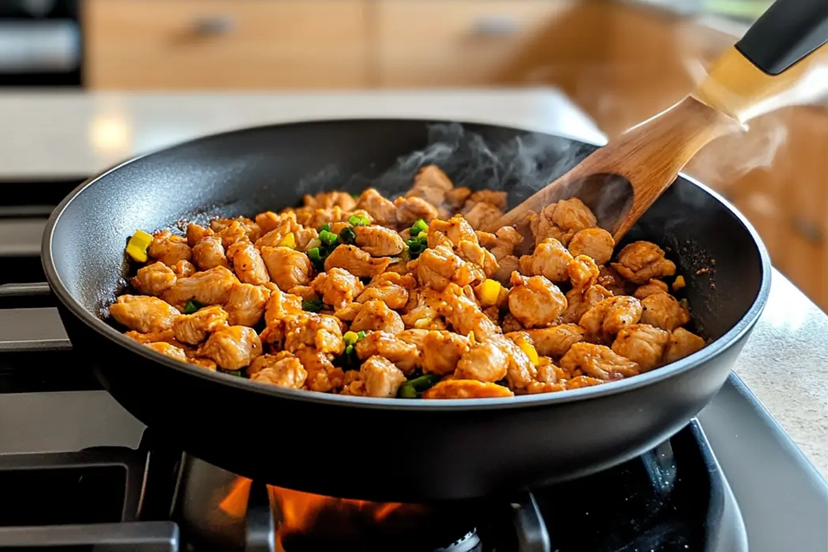 Ground chicken cooked in a skillet with fresh herbs and spices