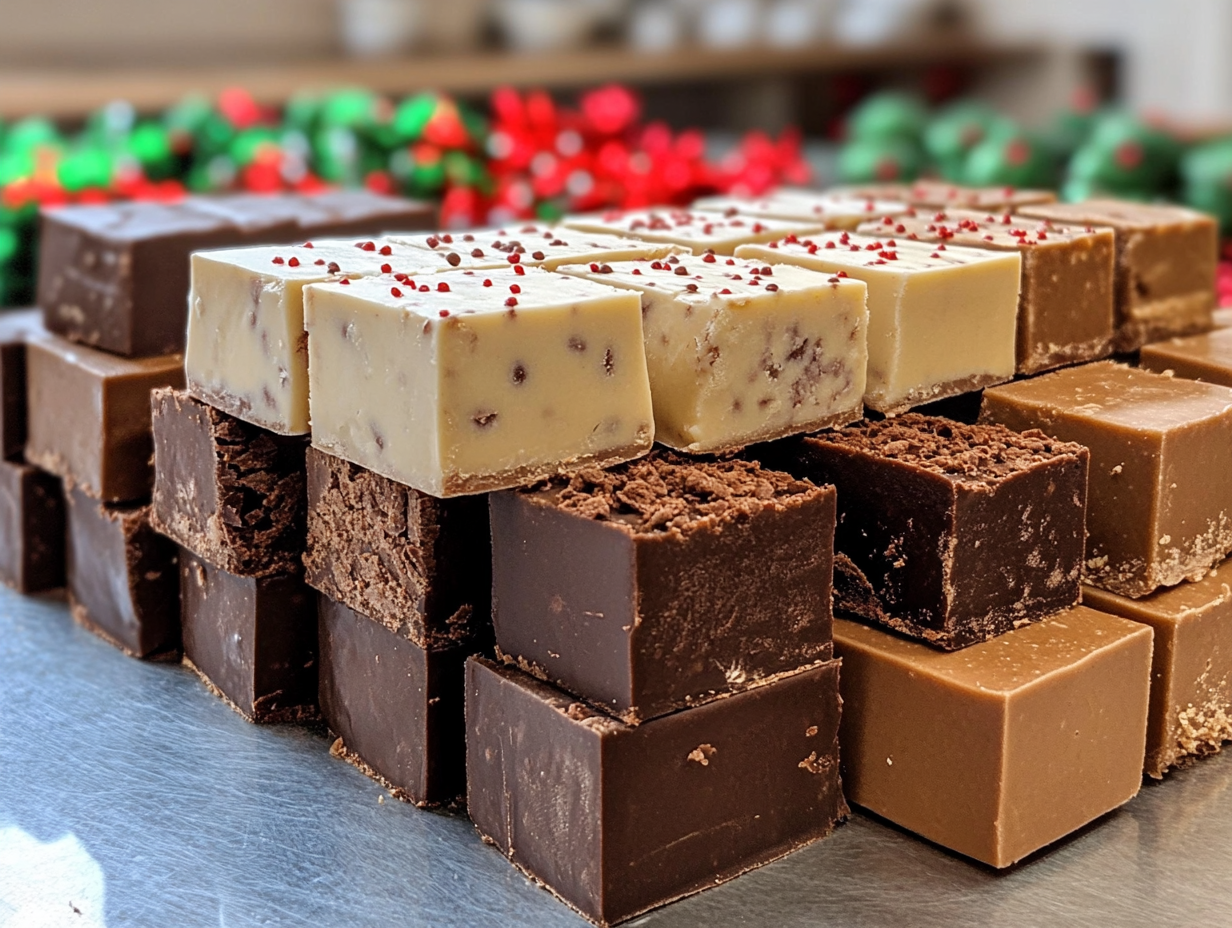 Holiday fudge arranged on a festive plate with Christmas decorations.